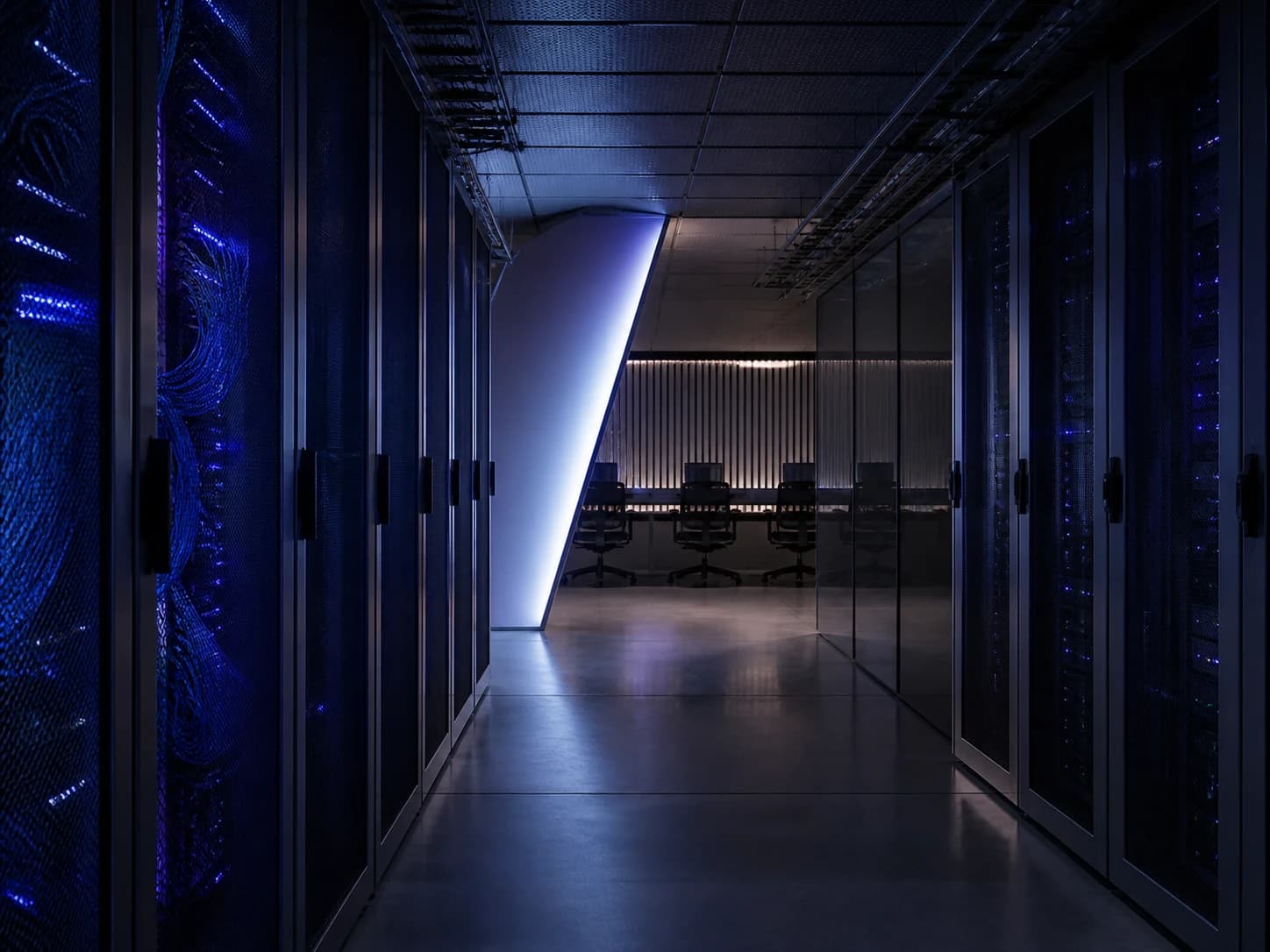 Pasillo de infraestructura cloud y servidores preparado para operar